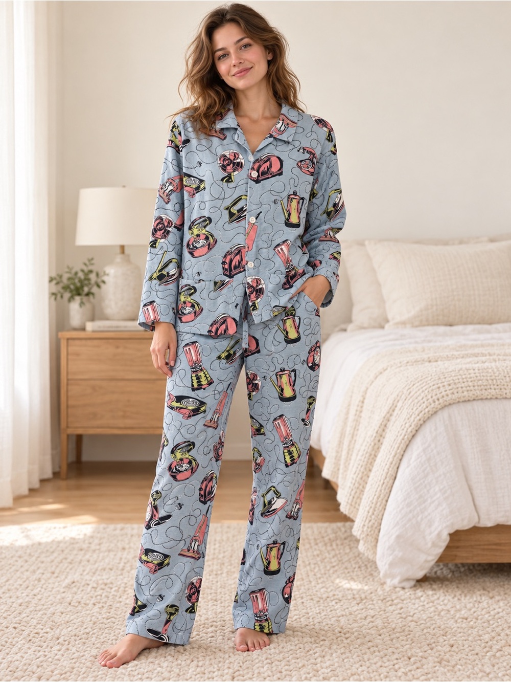Nick & Nora Retro Appliance Print Cotton Pajama Set Small Cotton USA Blue Luxury